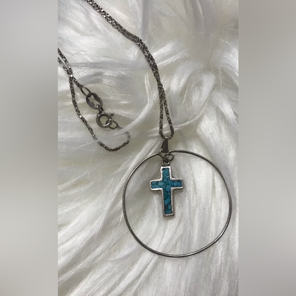 Solid Silver pendant;two sided cross genuine Turquoise & onyx
Chain not incl.